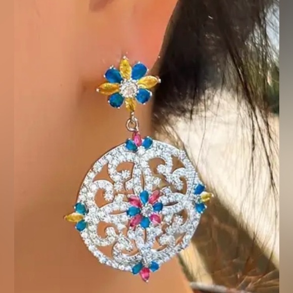 Colorful CZ Long Flower Round, Wedding, Pageant, Dangle Luxury Earrings - Picture 2 of 5